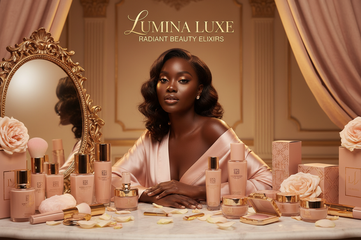 A Black woman glowing with beauty products